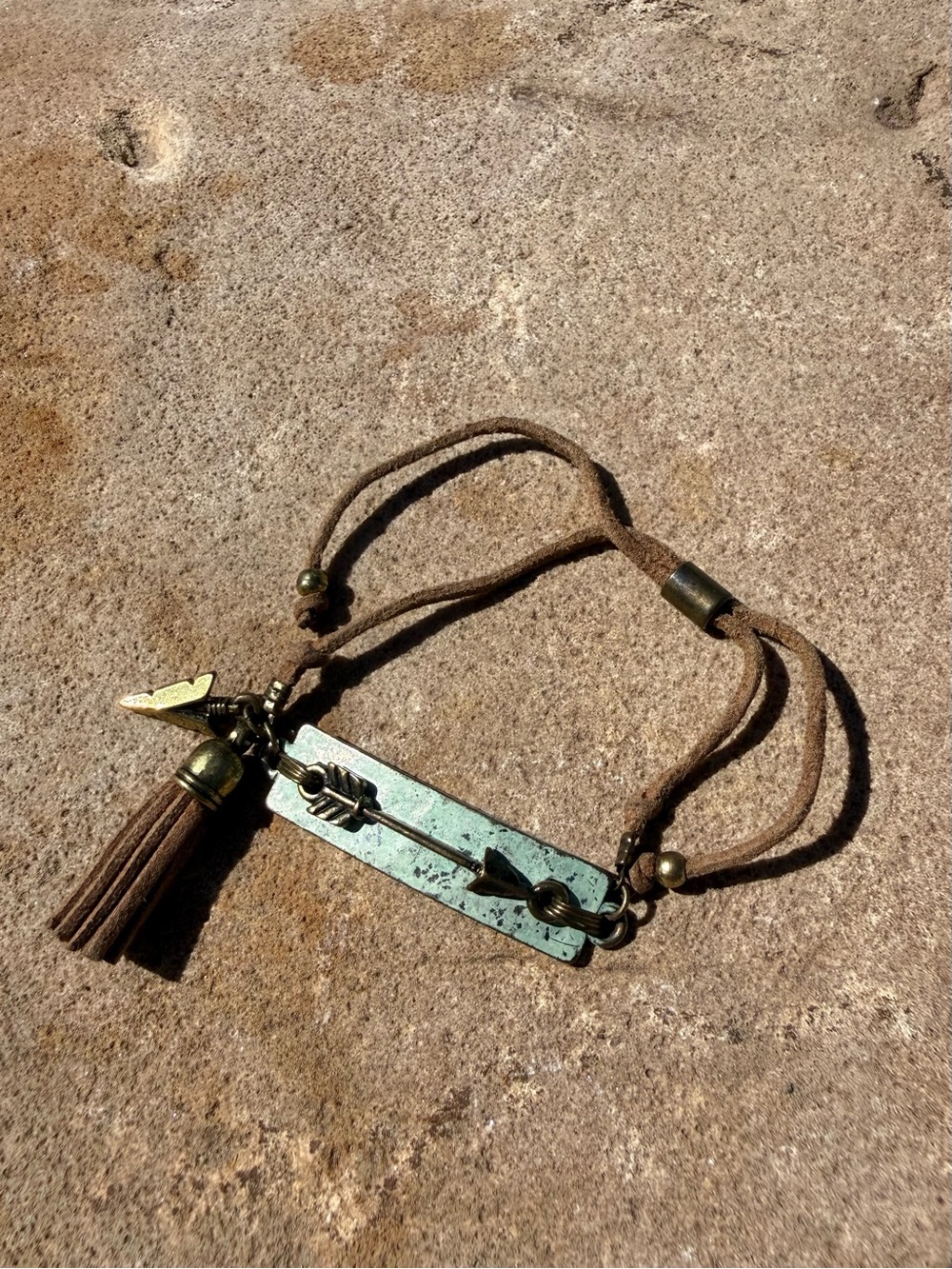 Boho Leather Tassel Arrow Bracelet - Brown & Antique Brass